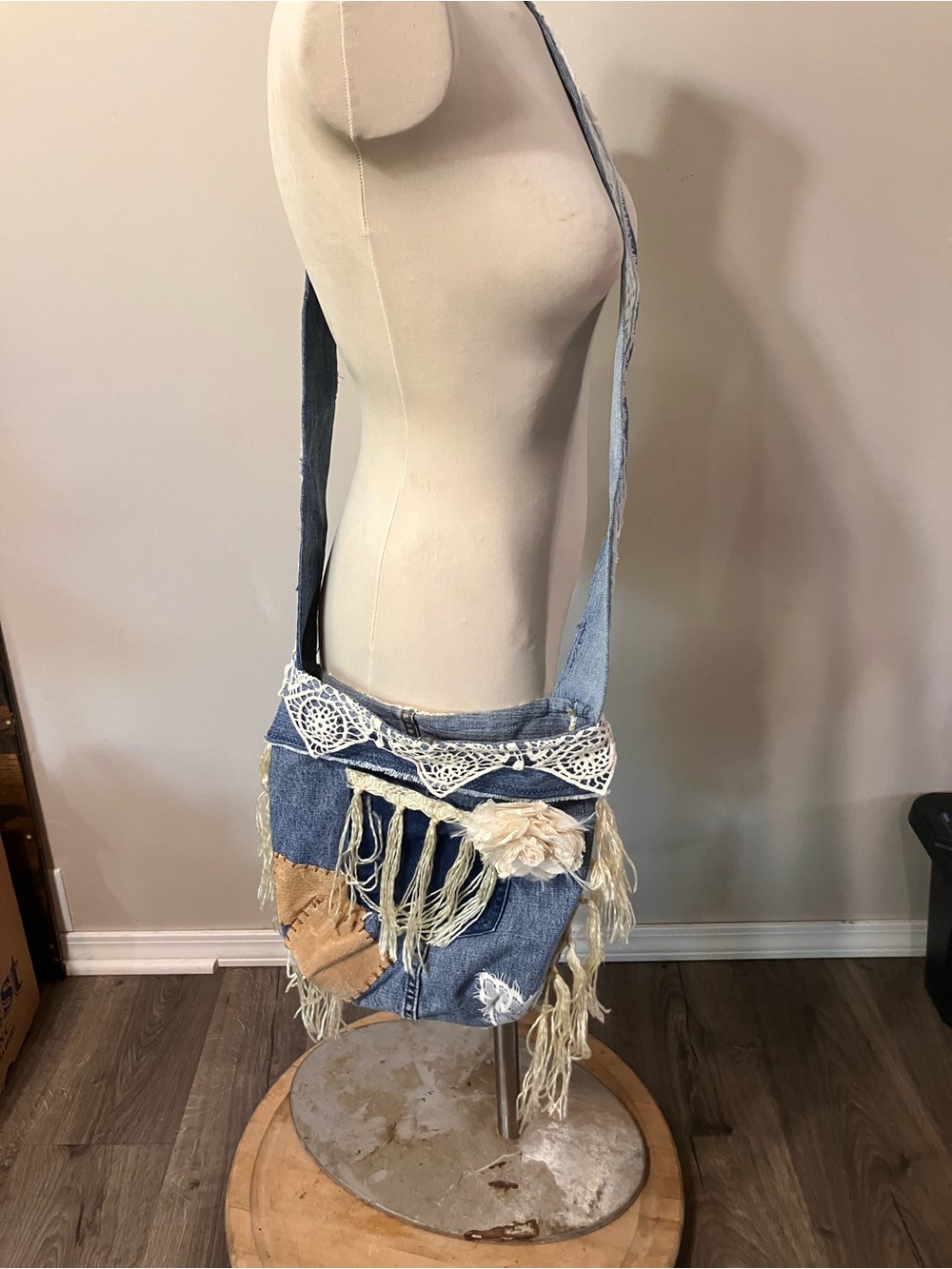 Boho Denim Fringe Crossbody Bag - Blue